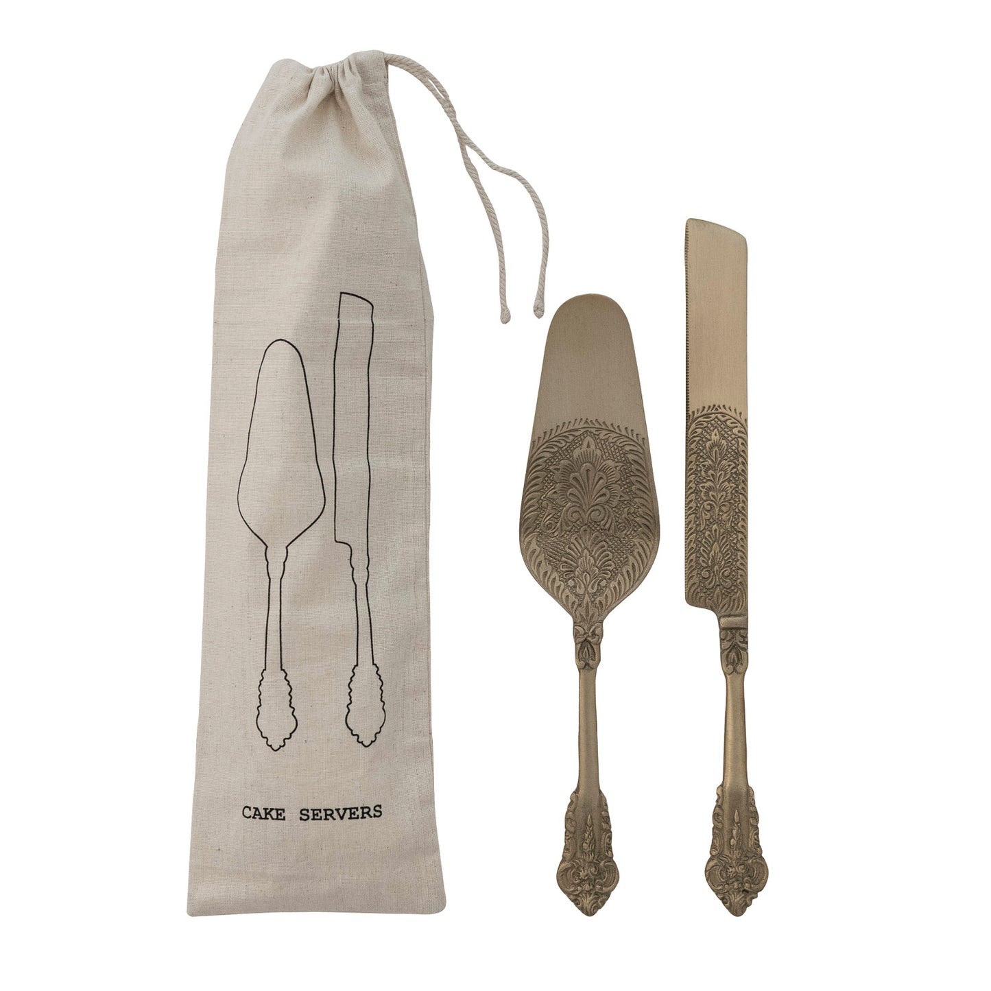 Embossed Brass Cake Server Set