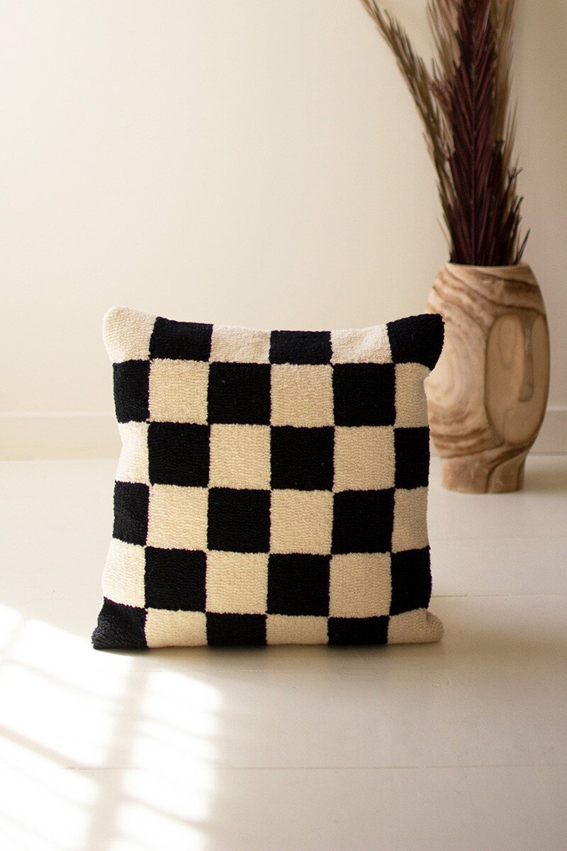 Black and White Checks Hand Hooked Pillow