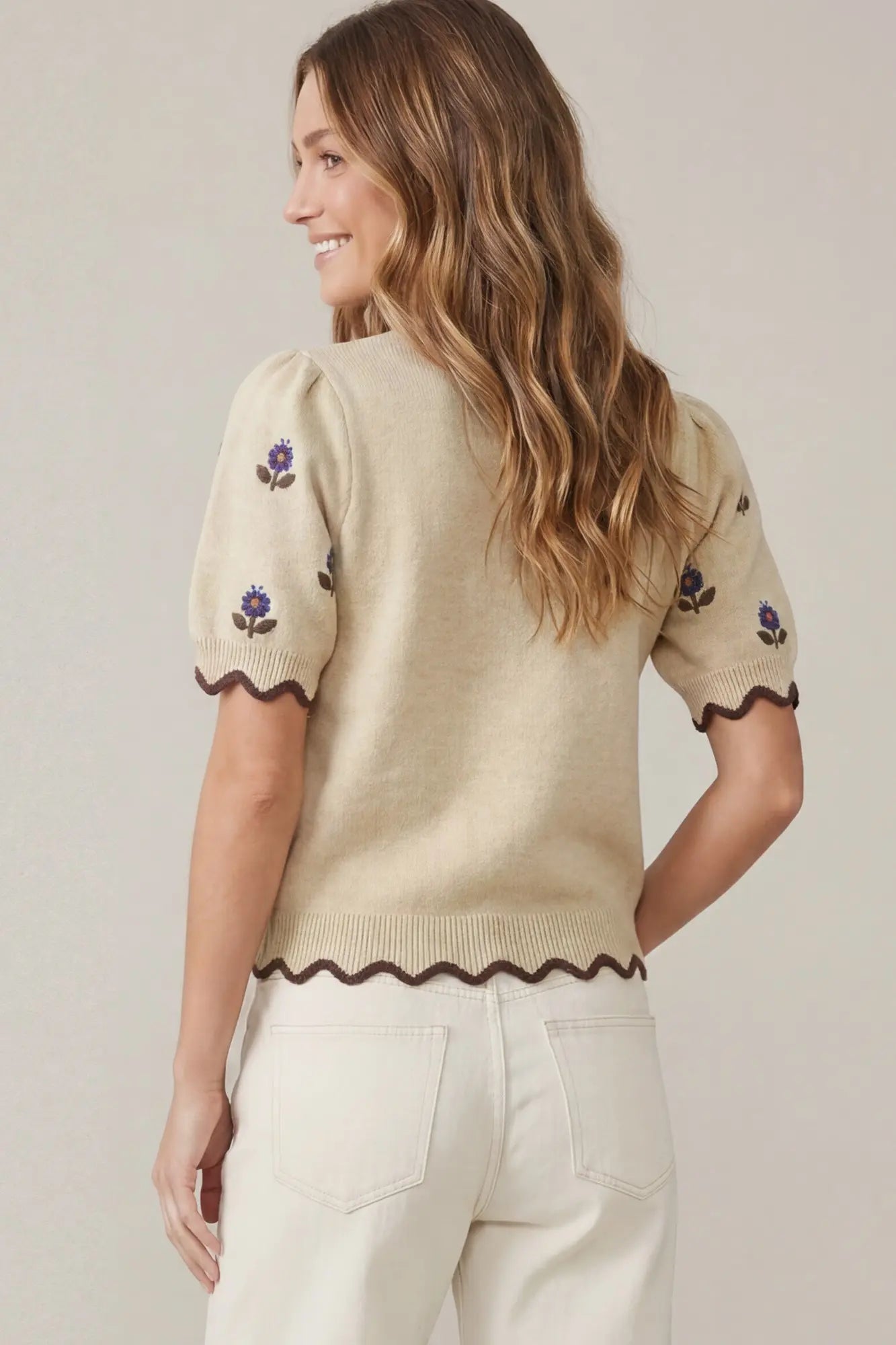 Scalloped Flower Sweater - Taupe