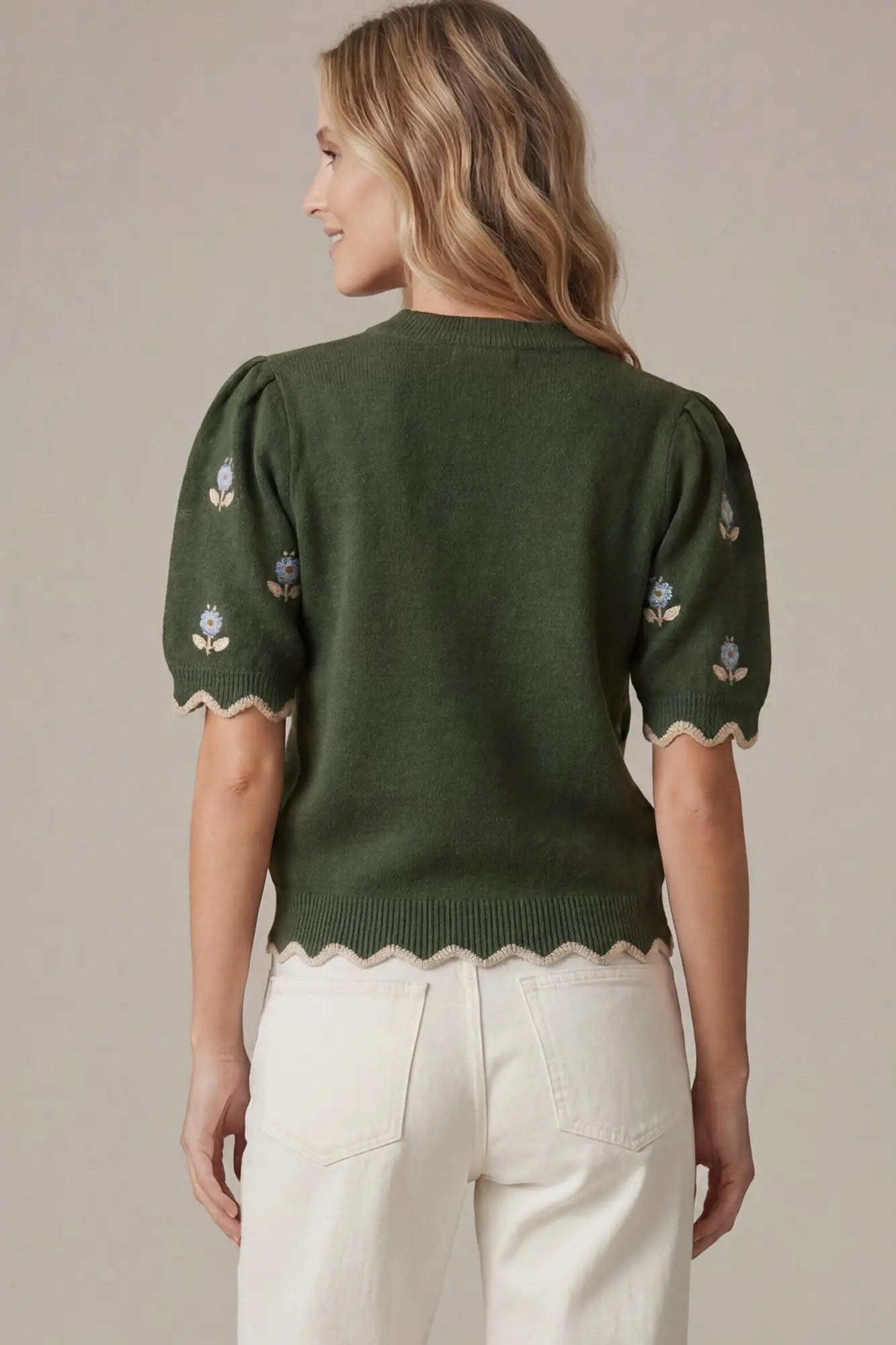 Scalloped Flower Sweater - Olive