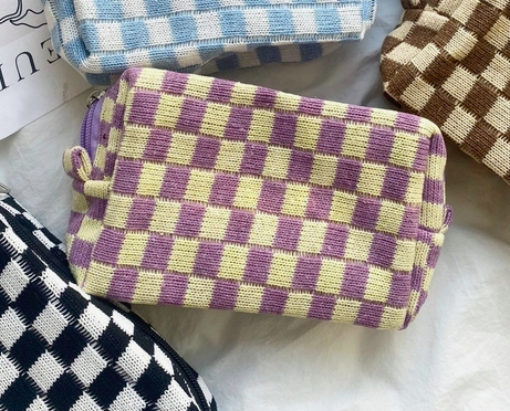 Purple Checkered Makeup Bag
