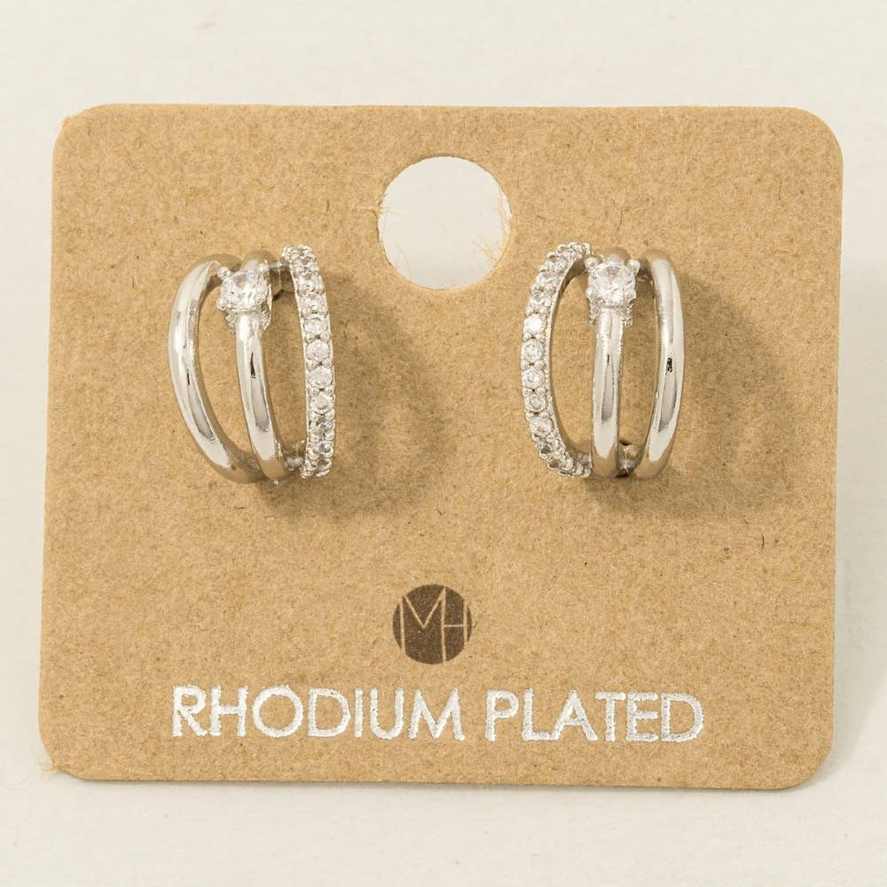 Pave Layered Hoop Huggies - Silver