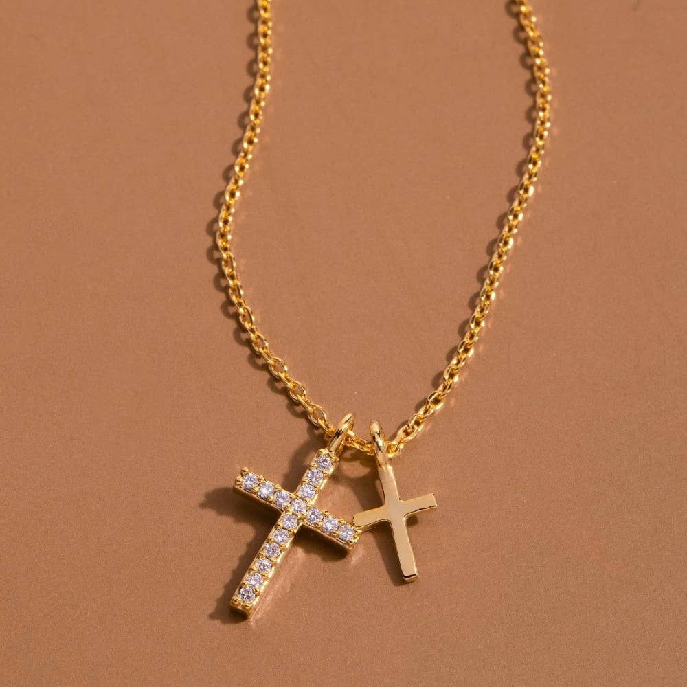Gold Double Cross Pendant Necklace