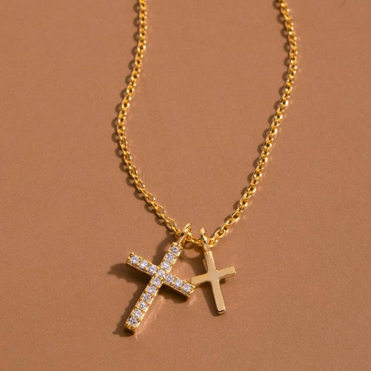 Gold Double Cross Pendant Necklace