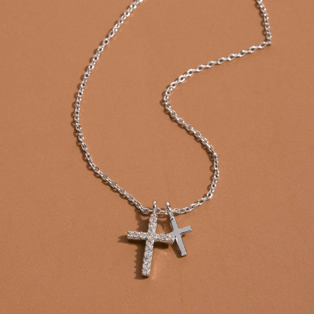 Silver Double Cross Pendant Necklace
