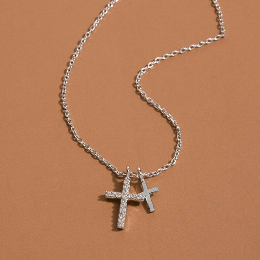 Silver Double Cross Pendant Necklace