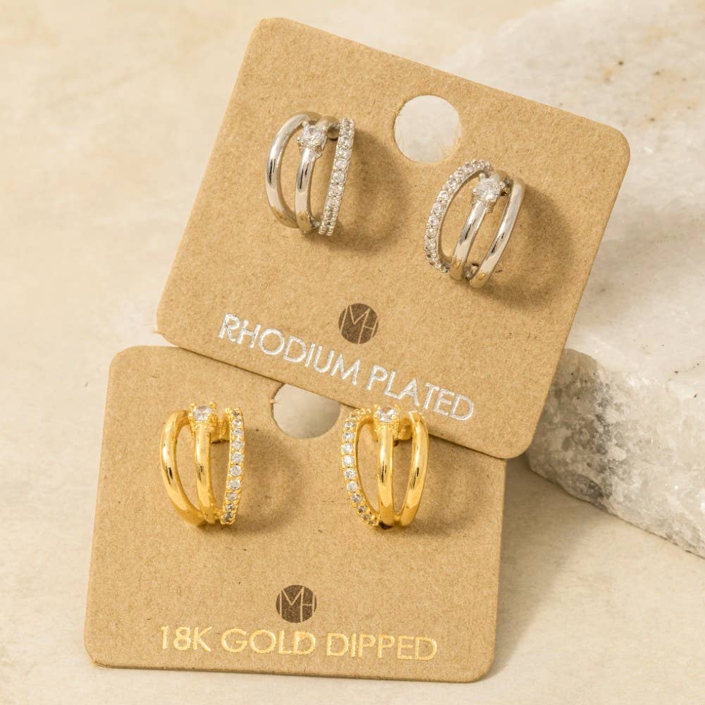Pave Layered Hoop Huggies - Silver