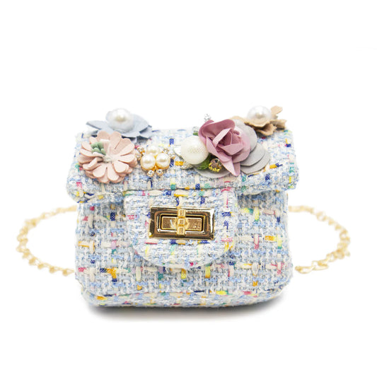 Mini Tweed Pearly Florals Crossbody-Blue