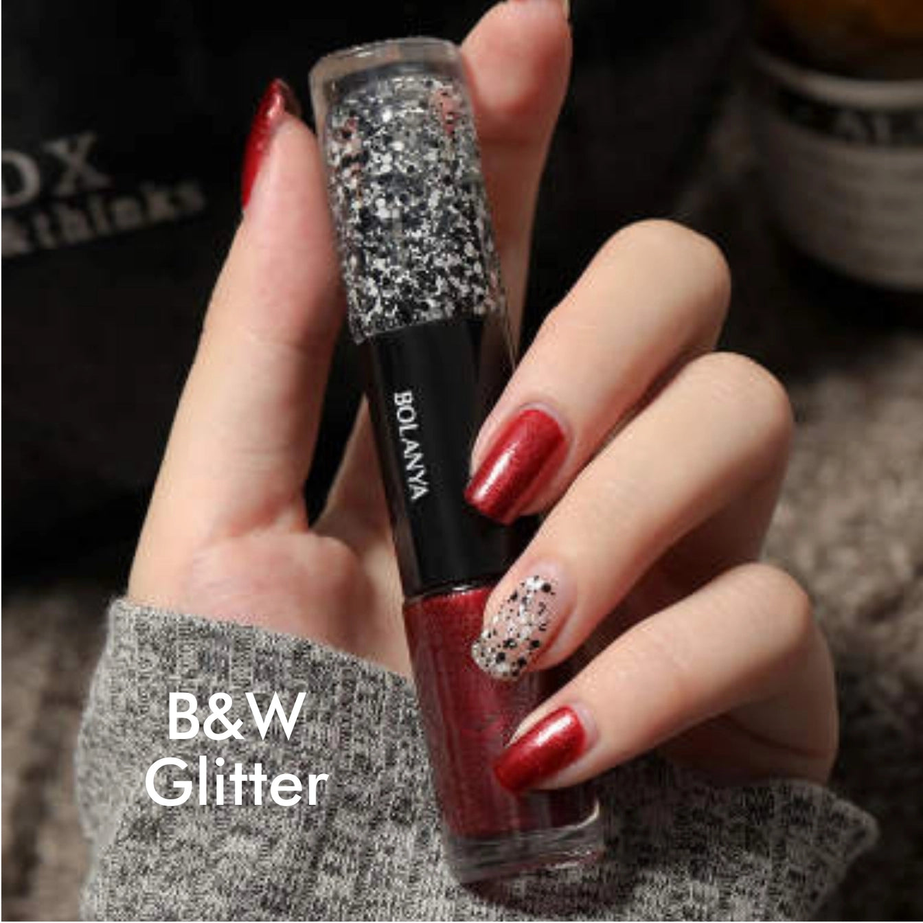 Double Nail Polish - Red Black Glitter