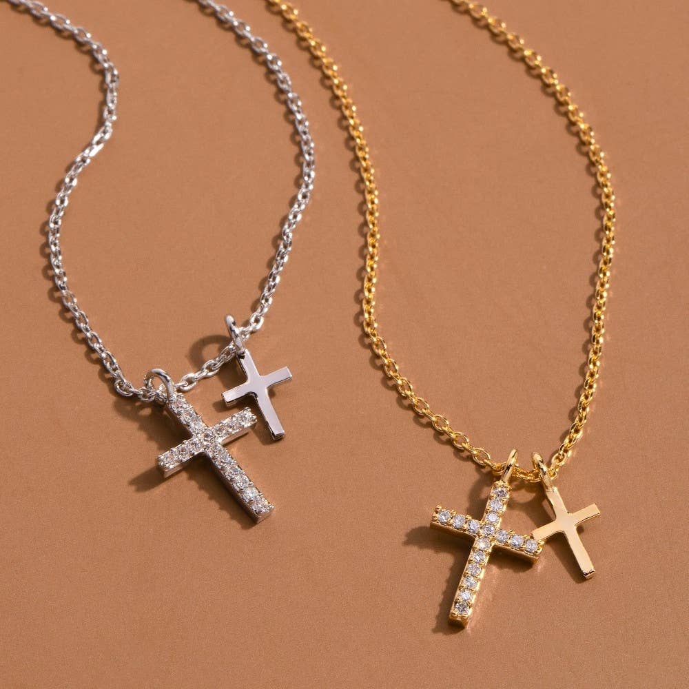 Silver Double Cross Pendant Necklace