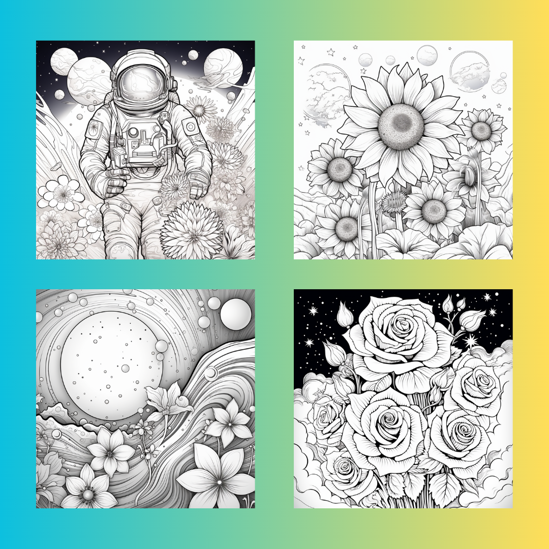 Flowers in Space Coloring Book