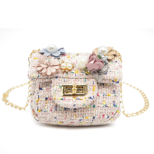 Mini Tweed Pearly Florals Crossbody-Pink