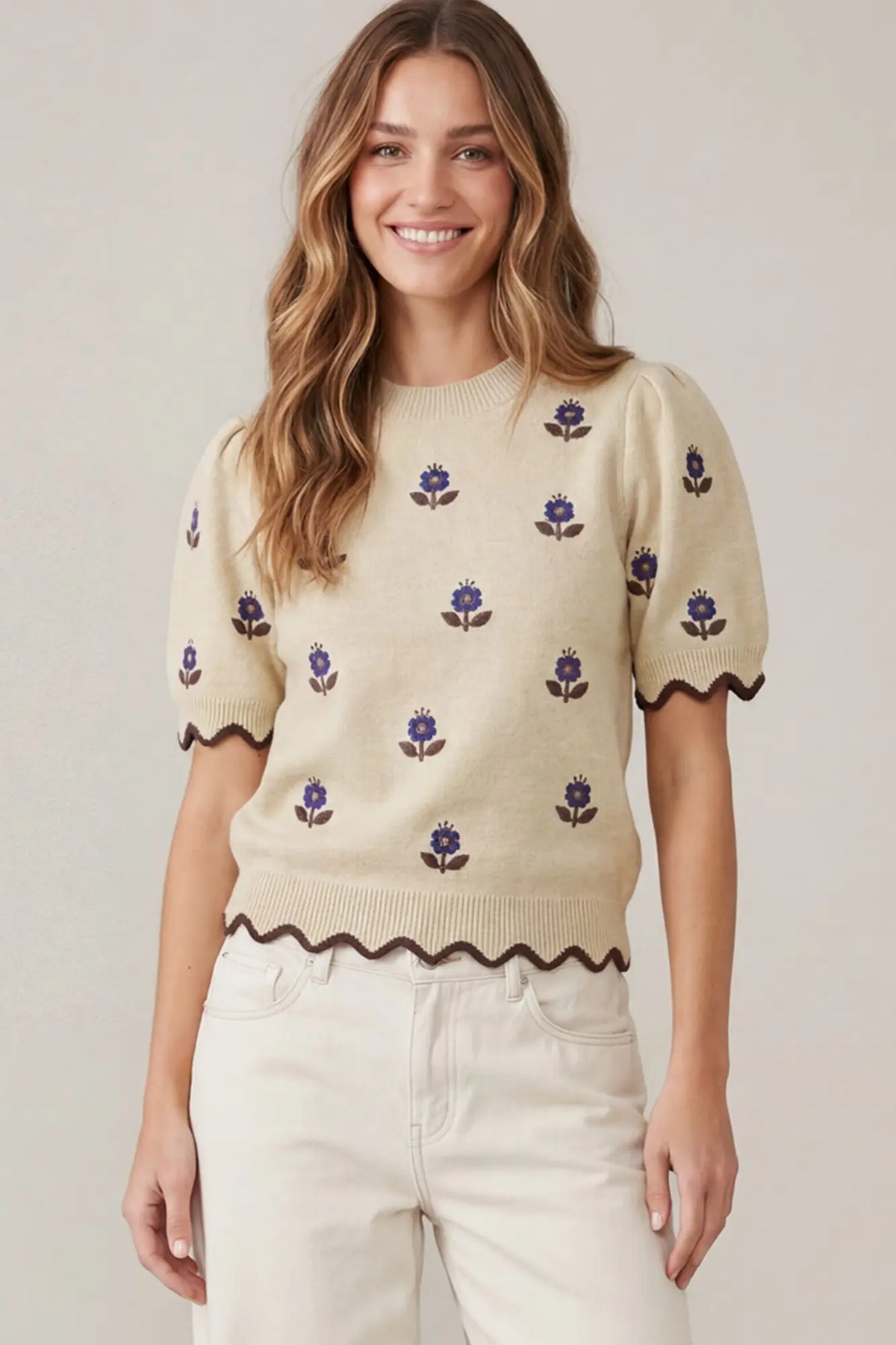 Scalloped Flower Sweater - Taupe