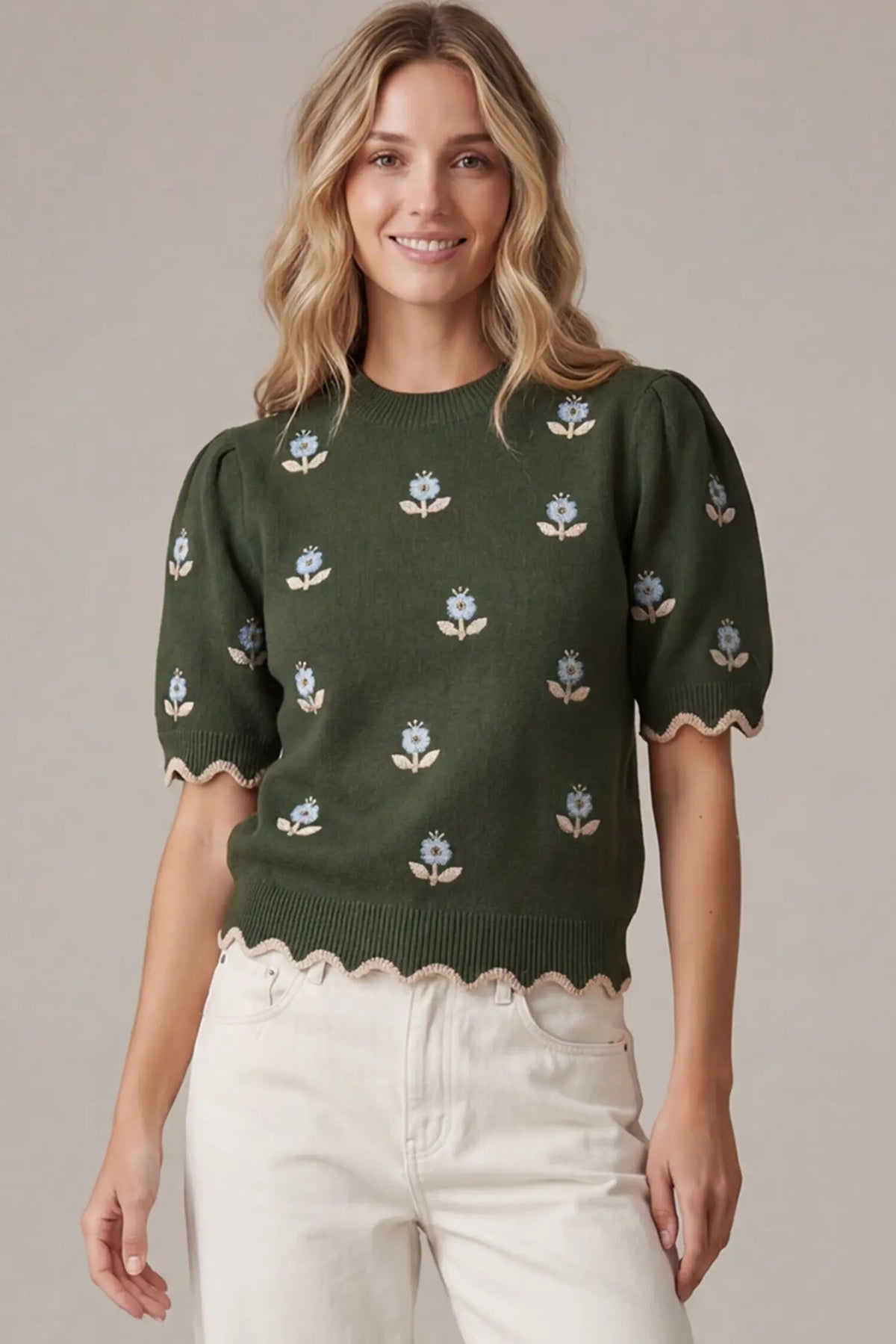 Scalloped Flower Sweater - Olive